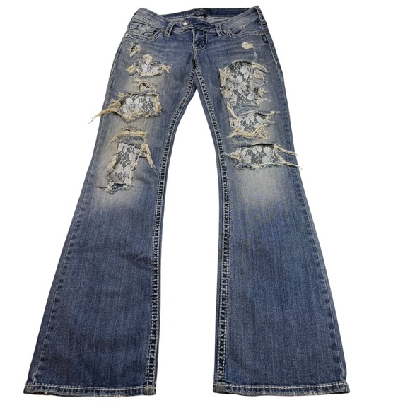 Silver Jeans Tuesday Bootcut Denim Jeans Womens 28 Lace Distressed - Picture 1 of 9